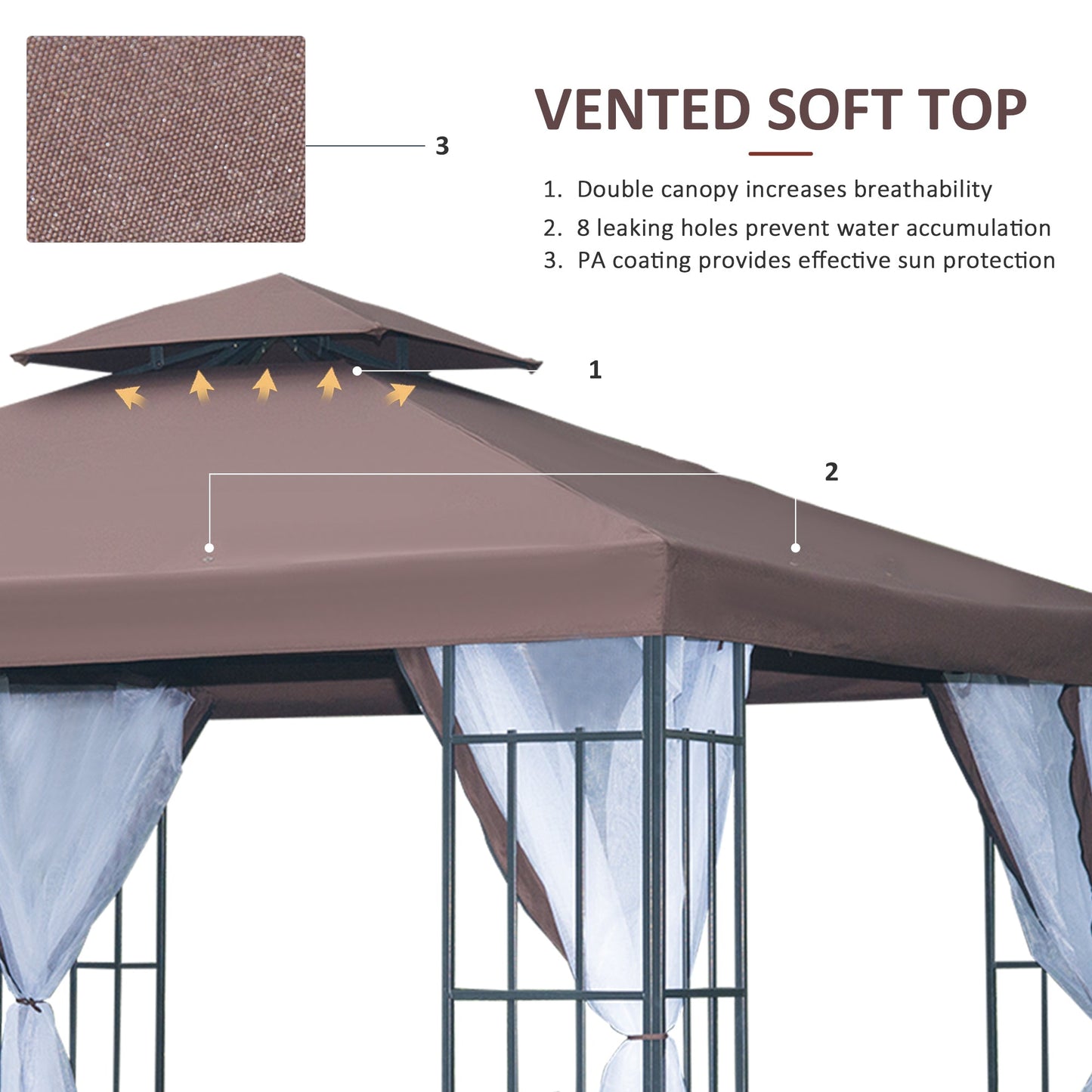 Two-Tier Gazebo with Netting Metal Party Tent Canopy, 3m x3m Coffee Marquee Canopy Pavillion Patio Garden Shelter Steel Frame with mesh sidewall and Water strip Brown