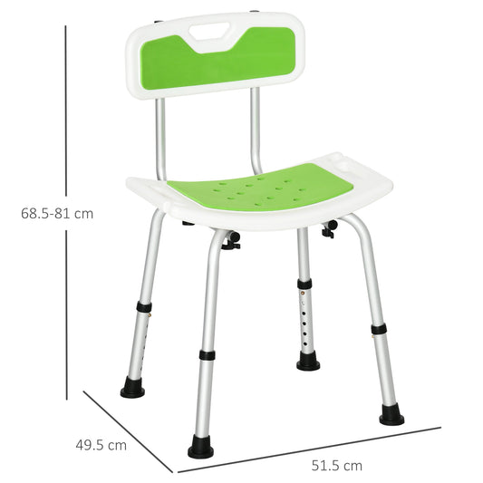 Shower Chair for the Elderly and Disabled, 6-Level Height Adjustable Shower Stool with Backrest, Curved Seat, Anti-slip Foot Pads and Shower Head Holder, Green