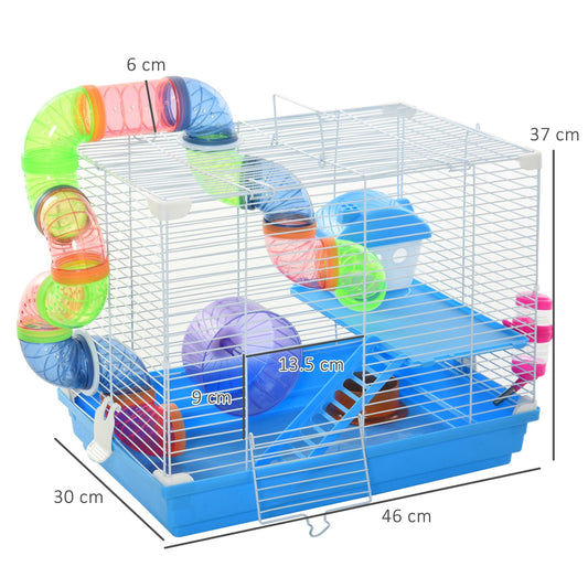 2 Tier Hamster Cage Carrier Habitat Small Animal House with Exercise Wheels Tunnel Tube Water Bottle Dishes House Ladder for Dwarf Mice, Blue w/