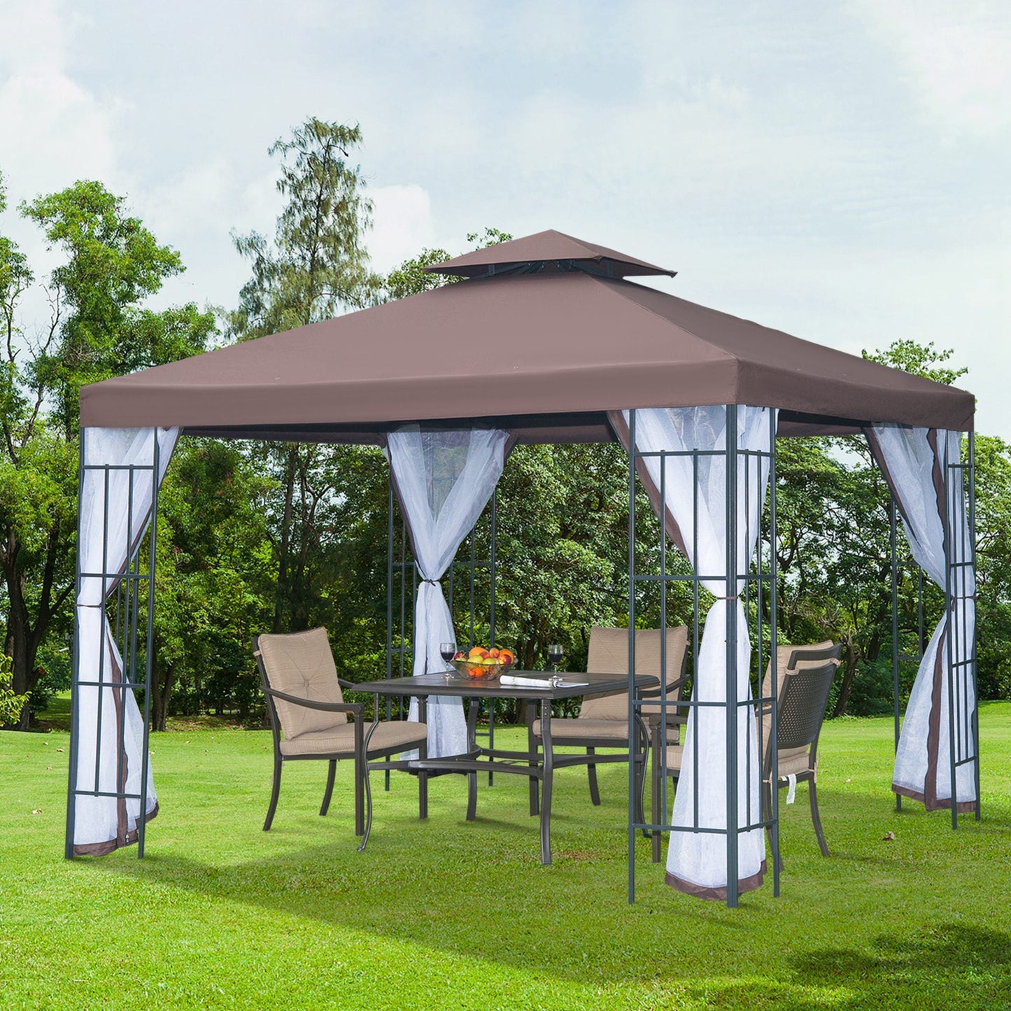 Two-Tier Gazebo with Netting Metal Party Tent Canopy, 3m x3m Coffee Marquee Canopy Pavillion Patio Garden Shelter Steel Frame with mesh sidewall and Water strip Brown