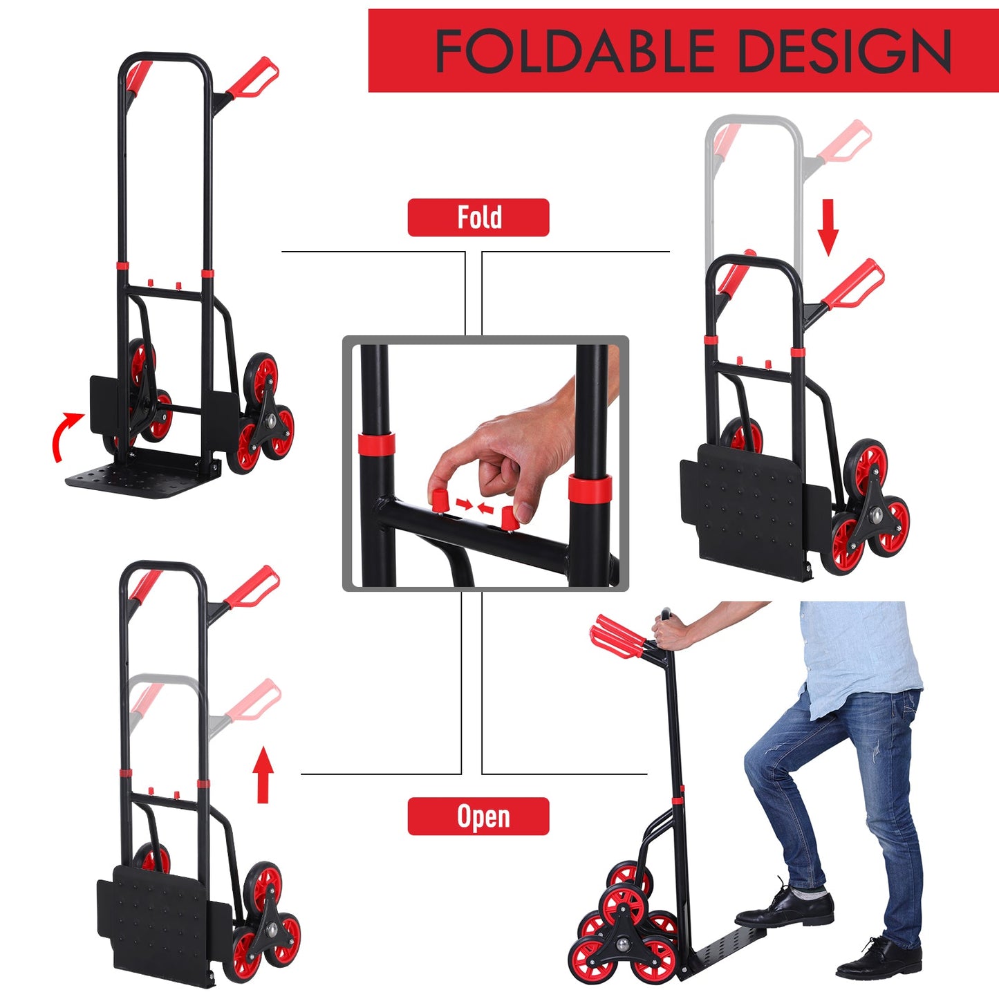 Steel Climbing Handling Trolley w/Hand Trucks 6-Wheels Load Cart 150kg
