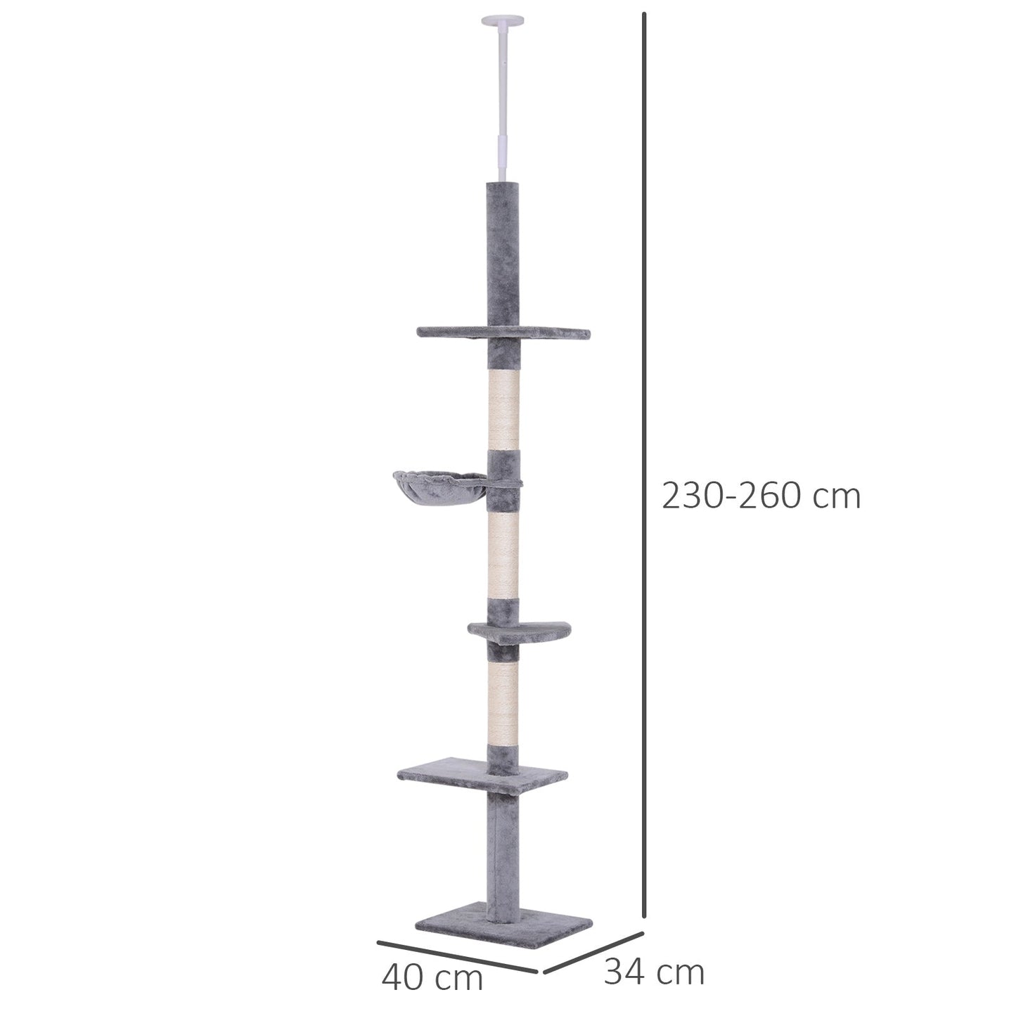 40L x 34W x 230-260H cm Cats Floor to Ceiling Scratching Post w/ 5-Tier Plush Leisure Platforms Grey