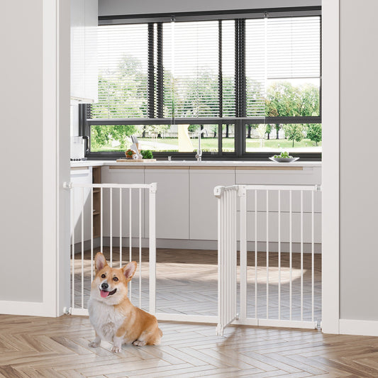 Adjustable Safety Gate Dog Barrier for Doorways, Corridors, Staircases with Three Extensions and Adjustable Screws - White