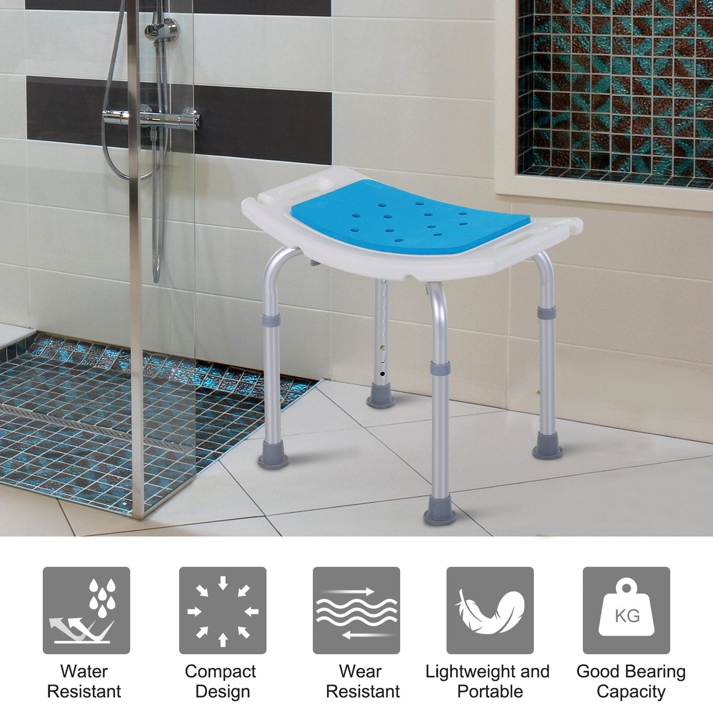 Adjustable Aluminium Bath Stool Shower Non-Slip w/ Shower Hole Blue