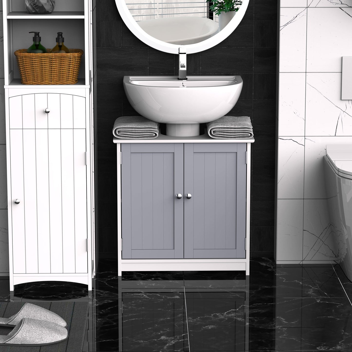 60x60cm Under-Sink Storage Cabinet with Adjustable Shelf Bathroom Cabinet Space Saver Organizer Floor Cabinet White and Grey