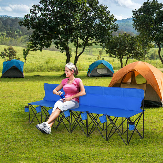 6 Seater Folding Sports Bench Outdoor Picnic Camping Chair Steel Frame w/Cup Holder & Carry Bag - Blue