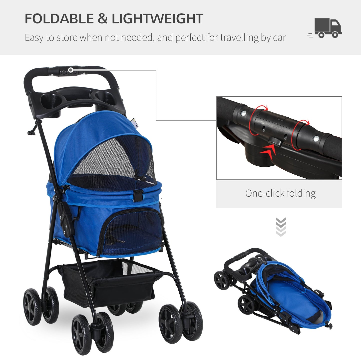 Pet Stroller No-Zip Foldable Travel Carriage with Brake Basket Adjustable Canopy
