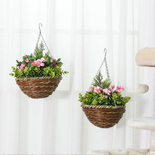 Pack of 2 Artificial Lisianthus Flowers Hanging Planter with Basket for Indoor Outdoor Decoration