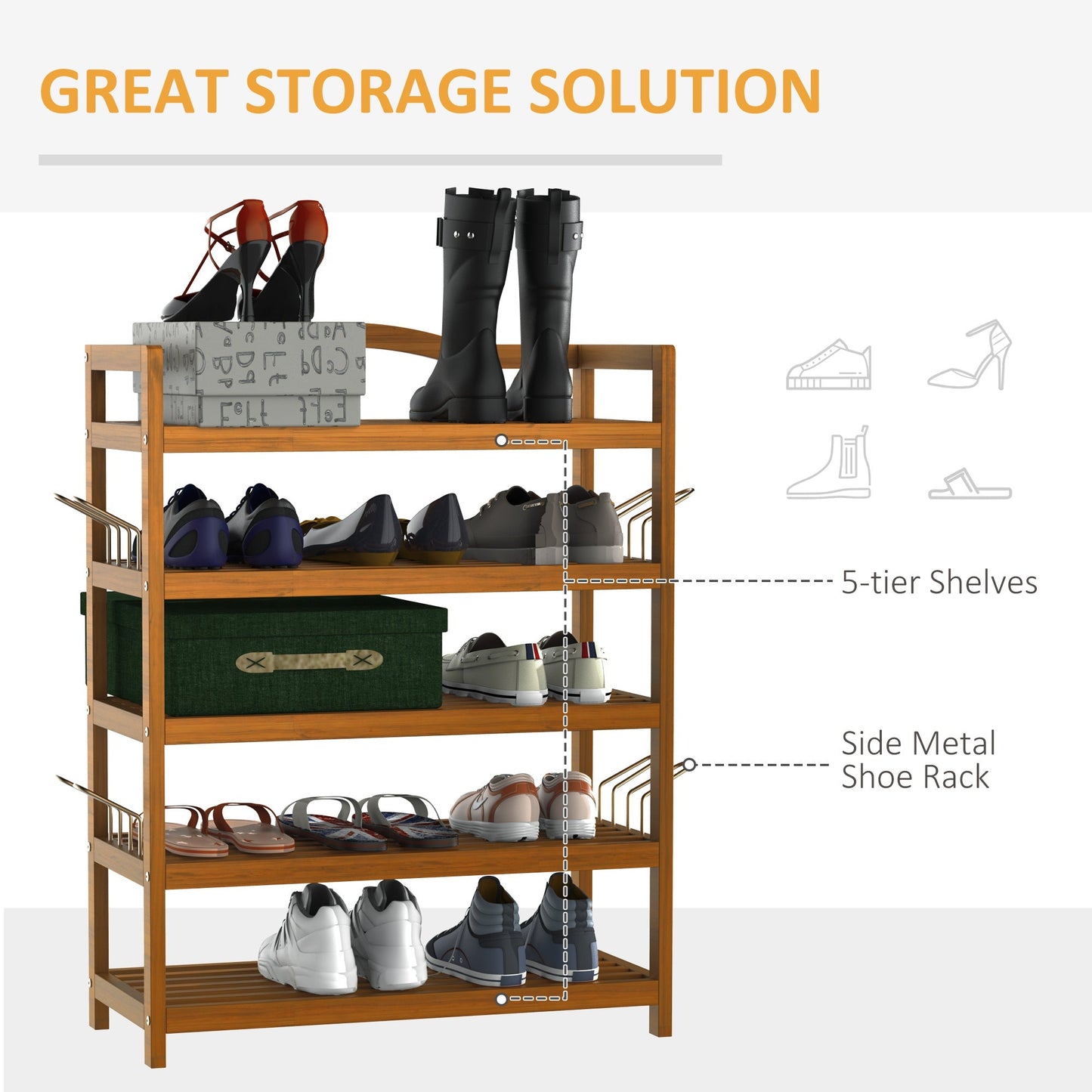 5-Tier Shoe Rack, Acacia Wooden Shoe Storage Organiser with Hangers, Holds up to 24 Pairs, for Entryway, Living Room, 64x26x82 cm, Teak Shelf Bedroom