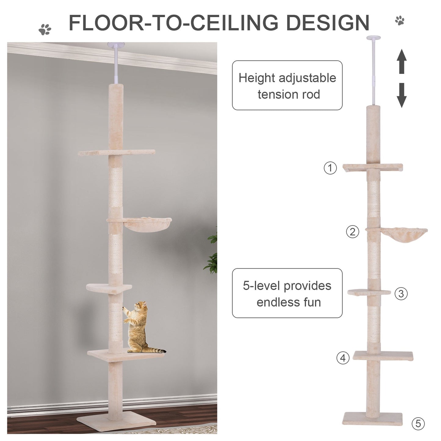 230-260cm Cat Climbing Tree 5-Tier Kitty Activity Center Scratching Post