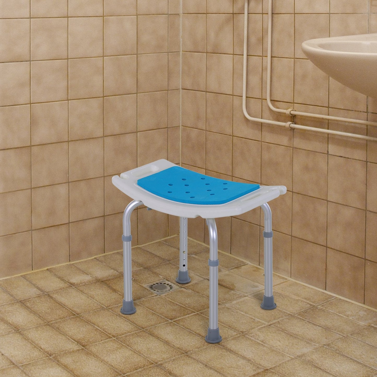 Adjustable Aluminium Bath Stool Shower Non-Slip w/ Shower Hole Blue