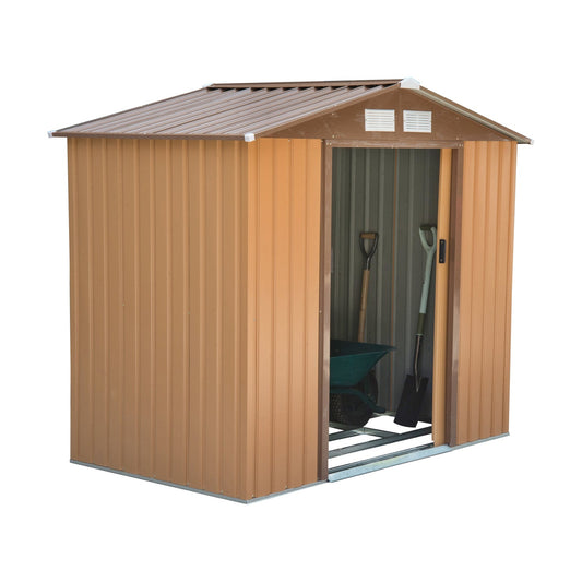 7 x 4ft Lockable Garden Shed Large Patio Roofed Tool Metal Storage Building Foundation Sheds - Khaki