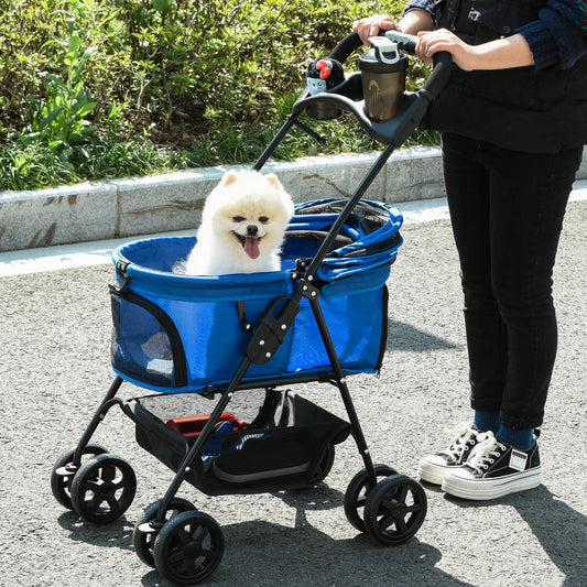 Pet Stroller No-Zip Foldable Travel Carriage with Brake Basket Adjustable Canopy