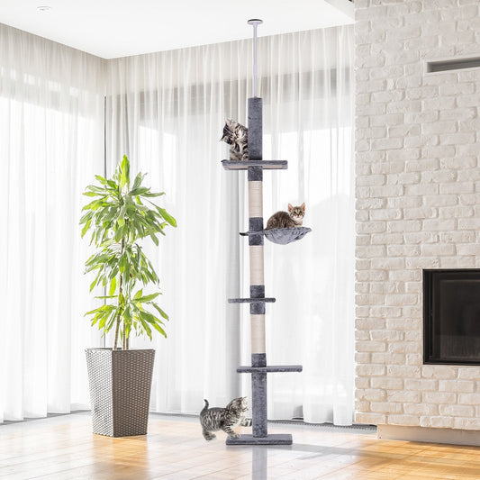 40L x 34W x 230-260H cm Cats Floor to Ceiling Scratching Post w/ 5-Tier Plush Leisure Platforms Grey