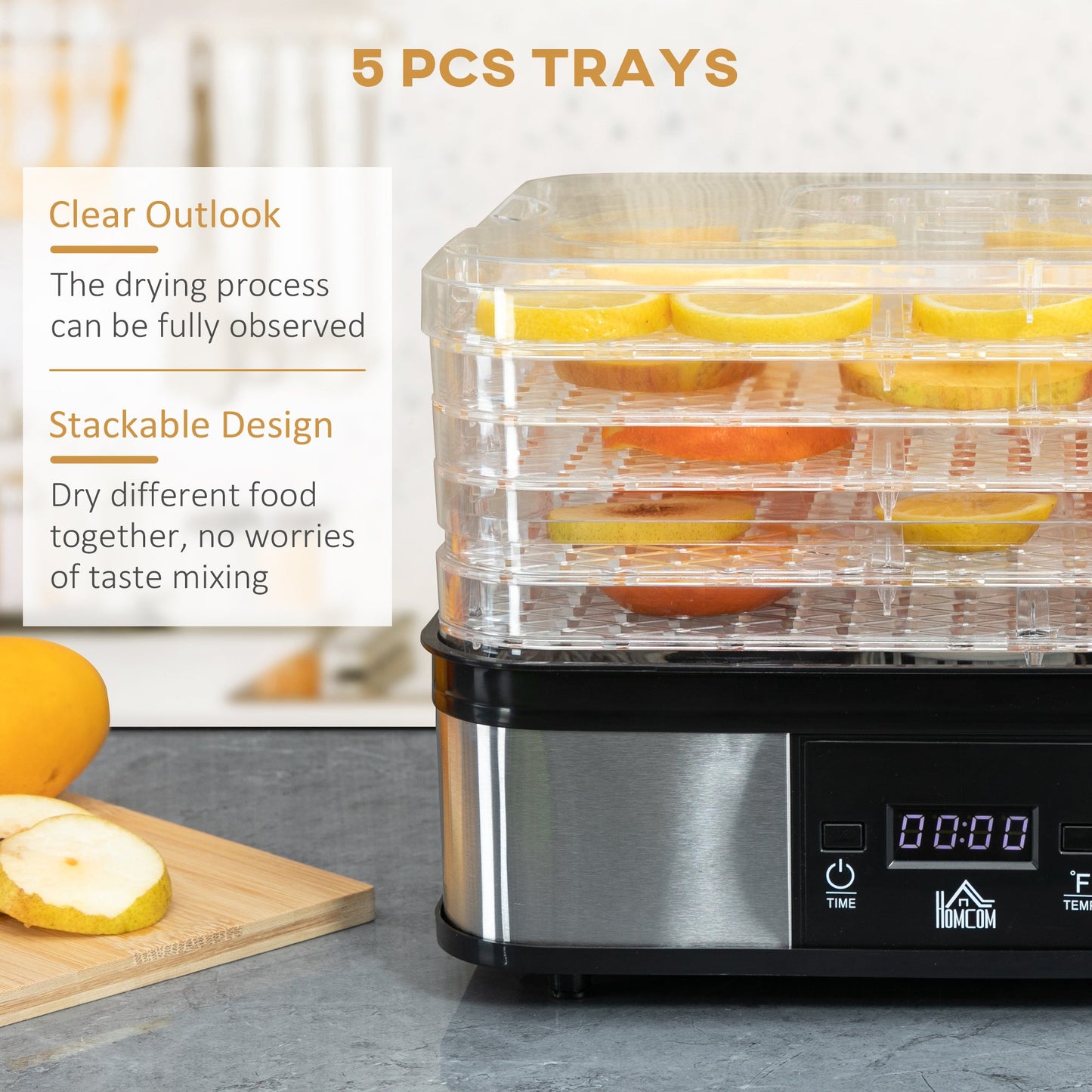 5 Tier Food Dehydrator, 245W Stainless-Steel Food-Dryer with Adjustable Temp, Timer, LCD Display, Drying Fruit, Meat, Veg, Jerky and Pet Treat, Silver