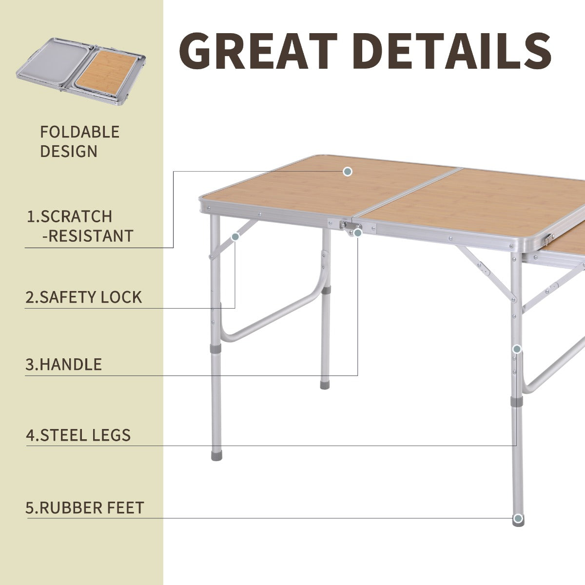 3ft Aluminium MDF-Top Folding Picnic Table Portable Camping Table