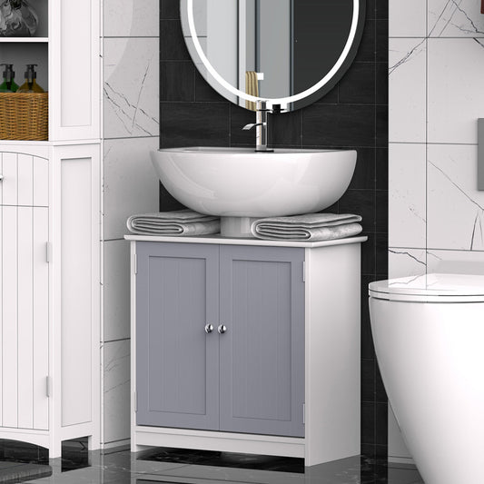 60x60cm Under-Sink Storage Cabinet with Adjustable Shelf Bathroom Cabinet Space Saver Organizer Floor Cabinet White and Grey