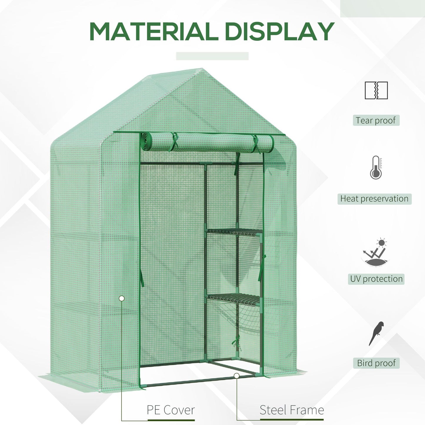 Walk In Greenhouse for Outdoor, Portable Gardening Plant Grow House with 2 Tier Shelf, Roll-Up Zippered Door, PE Cover, 141x72x191cm, Green