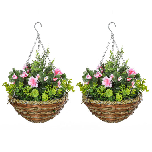 Pack of 2 Artificial Lisianthus Flowers Hanging Planter with Basket for Indoor Outdoor Decoration