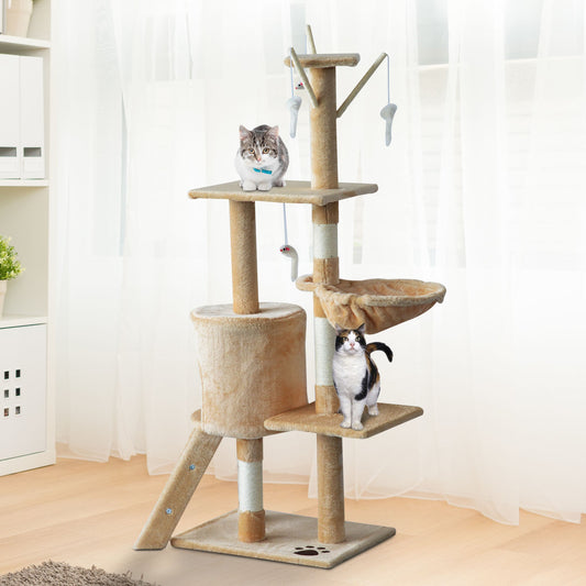 Cat Scratching Post 5-tier Tall Beige Condo Kitty Activity Centre Scratcher Climbing Tree with Toys Beige