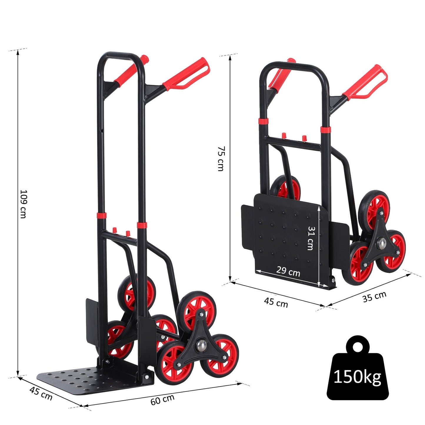Steel Climbing Handling Trolley w/Hand Trucks 6-Wheels Load Cart 150kg