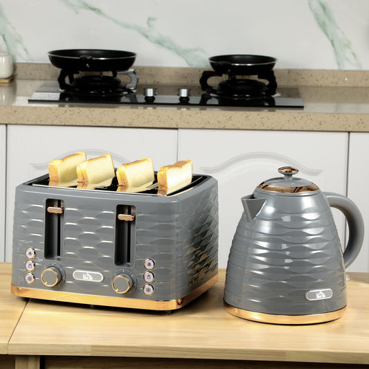 Kettle and Toaster Sets, 1600W 1.7L Rapid Boil Kettle & 4 Slice Toaster W/7 Browning Controls, Defrost, Reheat and Crumb Tray, Otter thermostat, Grey
