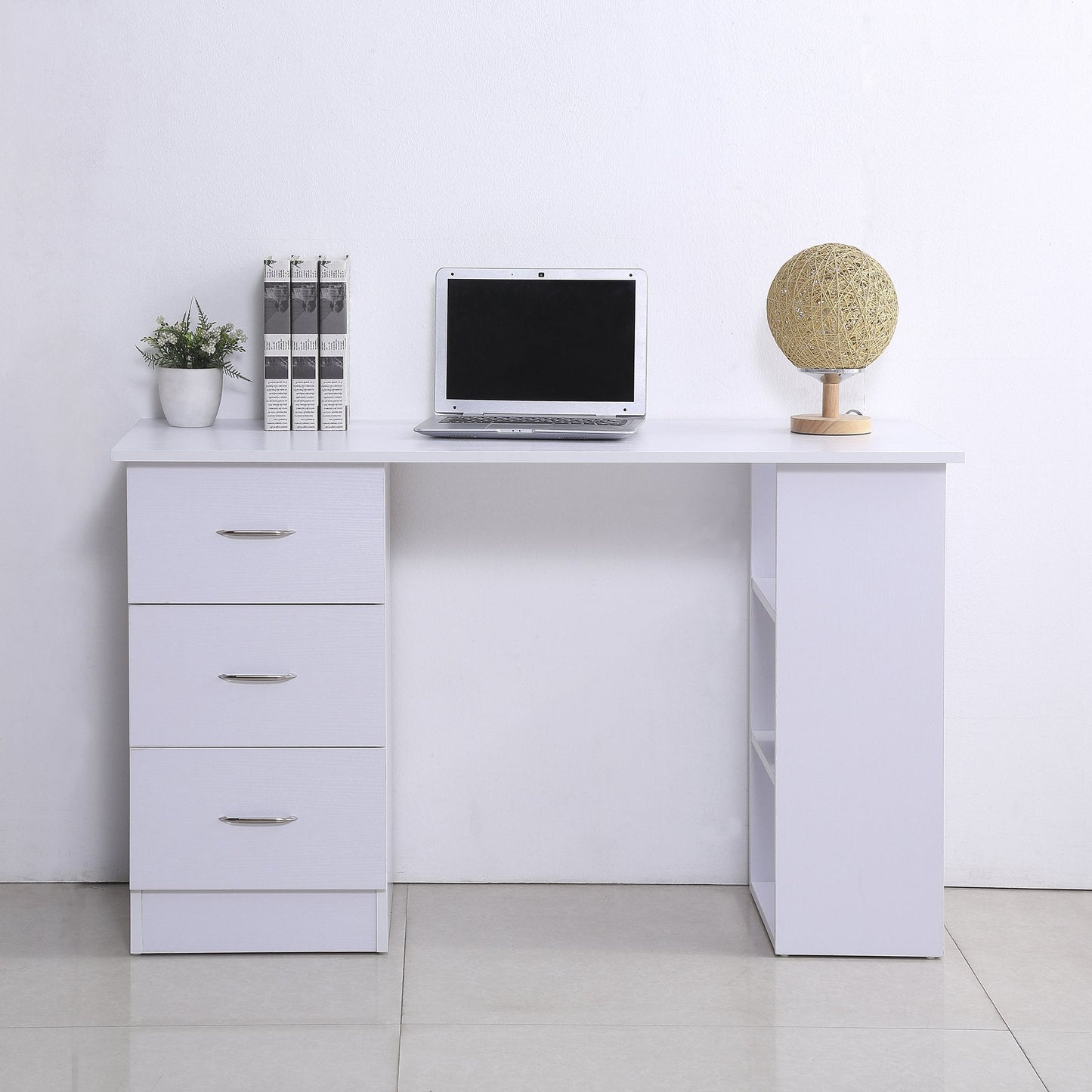 Computer Desk W/ 3 Shelf & Drawers, 120Wx49Dx72H cm - White