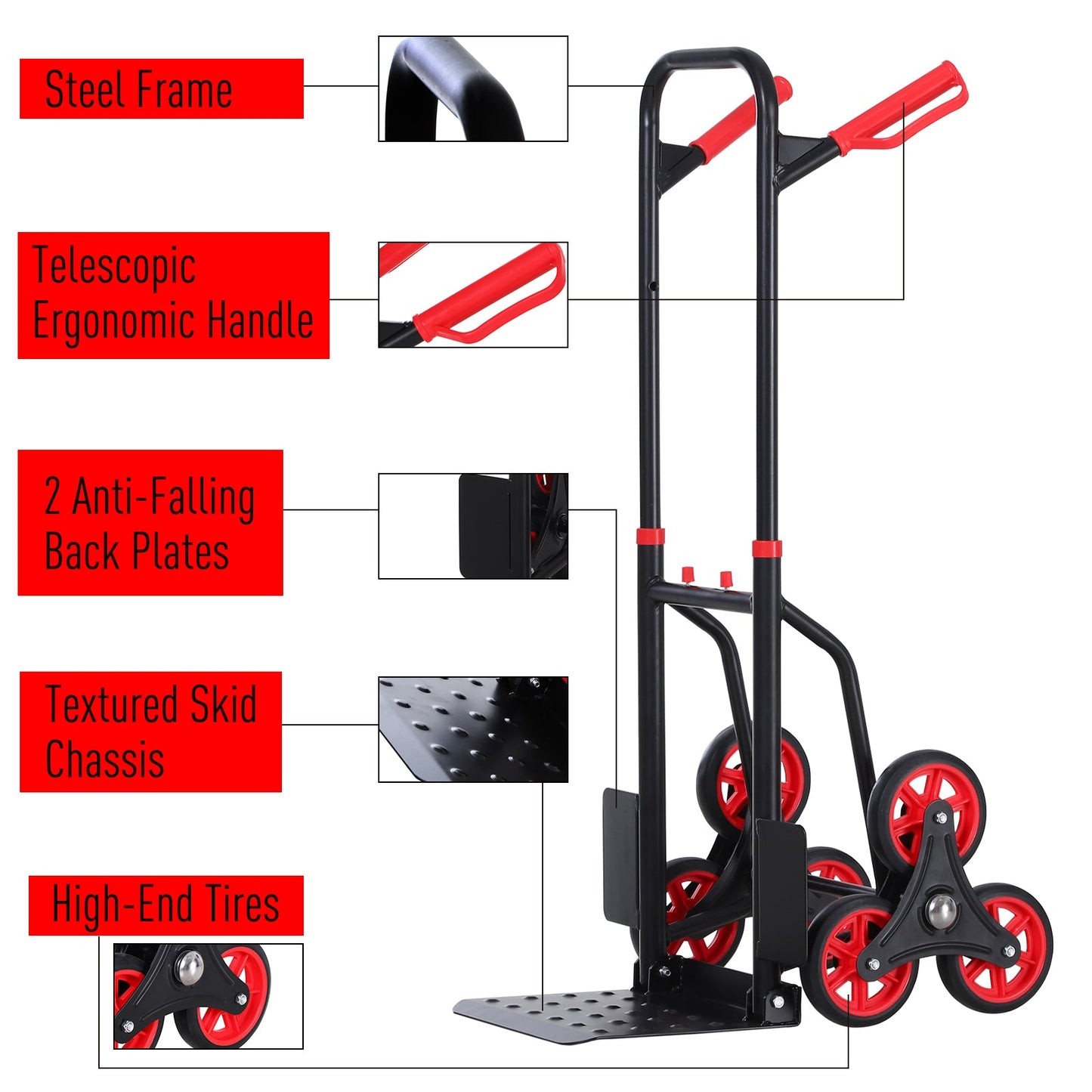 Steel Climbing Handling Trolley w/Hand Trucks 6-Wheels Load Cart 150kg
