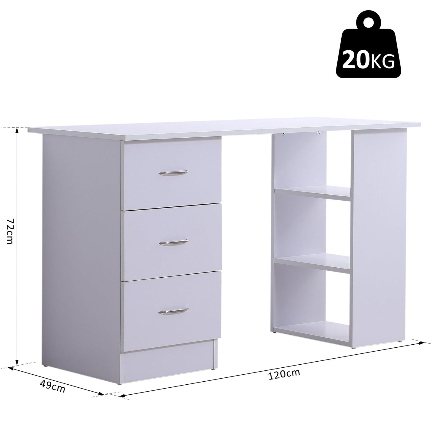 Computer Desk W/ 3 Shelf & Drawers, 120Wx49Dx72H cm - White