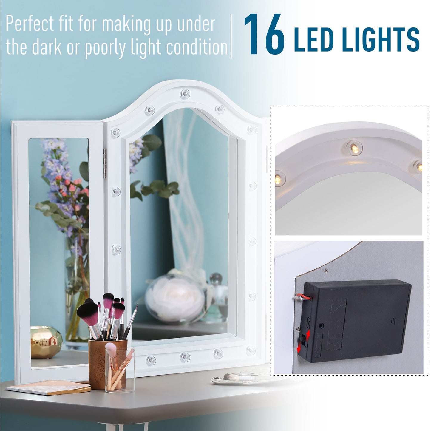 MDF Tri-Fold LED Vanity Mirror w/ 16 Spotlights White