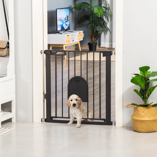 75-82 cm Pet Safety Gate Barrier, Stair Pressure Fit, w/ Small Door, Auto Close, Double Locking, for Doorways, Hallways, Black