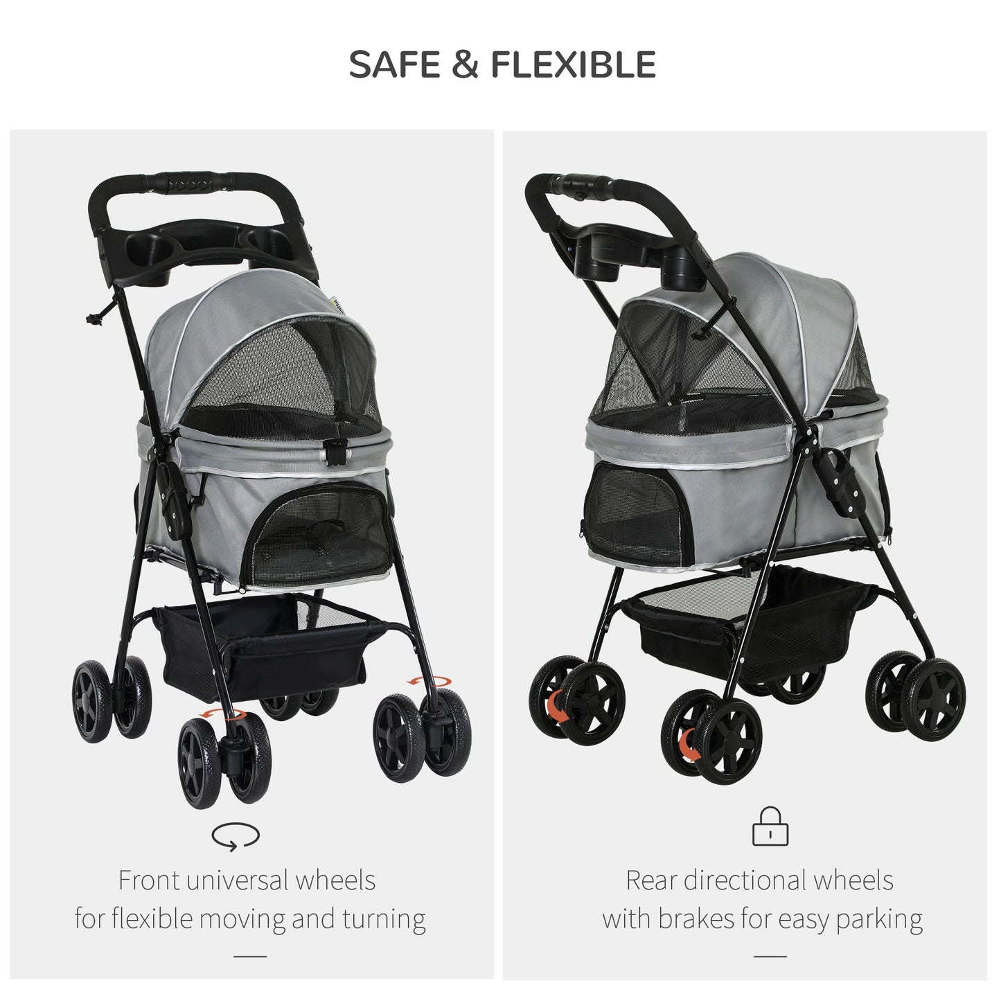 Pet Stroller No-Zip Foldable Travel Carriage with Brake Basket Adjustable Canopy
