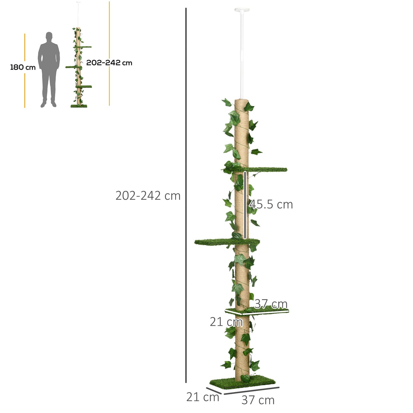 242cm Floor to Ceiling Cat Tree, Height Adjustable Kitten Tower with Anti-slip Kit, Green