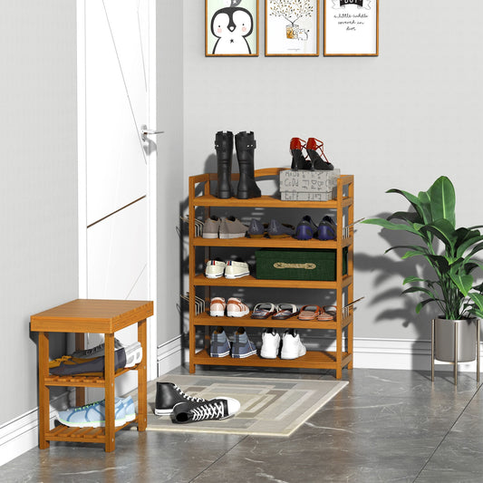 5-Tier Shoe Rack, Acacia Wooden Shoe Storage Organiser with Hangers, Holds up to 24 Pairs, for Entryway, Living Room, 64x26x82 cm, Teak Shelf Bedroom