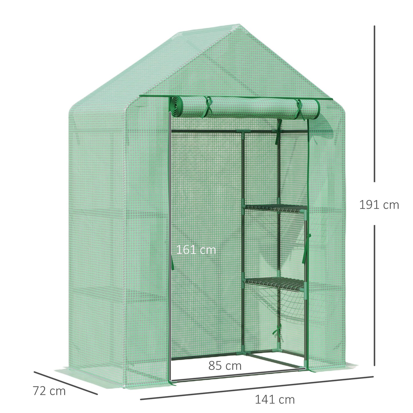 Walk In Greenhouse for Outdoor, Portable Gardening Plant Grow House with 2 Tier Shelf, Roll-Up Zippered Door, PE Cover, 141x72x191cm, Green