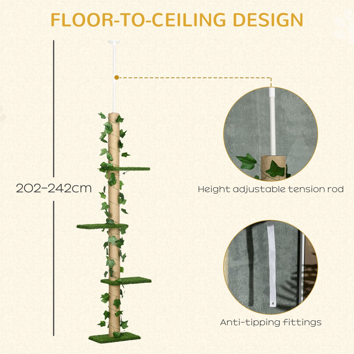 242cm Floor to Ceiling Cat Tree, Height Adjustable Kitten Tower with Anti-slip Kit, Green