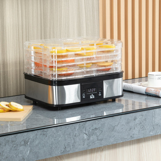 5 Tier Food Dehydrator, 245W Stainless-Steel Food-Dryer with Adjustable Temp, Timer, LCD Display, Drying Fruit, Meat, Veg, Jerky and Pet Treat, Silver