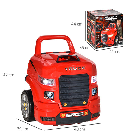 Kids Truck Engine Toy Set, Toddler Edu Car Service Station Playset, Workshop, W/RC Car key, Steering-wheel, Horn, Light, for 3-5 Years Old Red Set Key