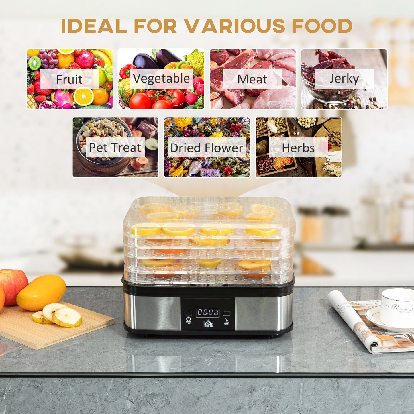 5 Tier Food Dehydrator, 245W Stainless-Steel Food-Dryer with Adjustable Temp, Timer, LCD Display, Drying Fruit, Meat, Veg, Jerky and Pet Treat, Silver