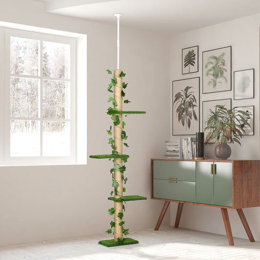 242cm Floor to Ceiling Cat Tree, Height Adjustable Kitten Tower with Anti-slip Kit, Green