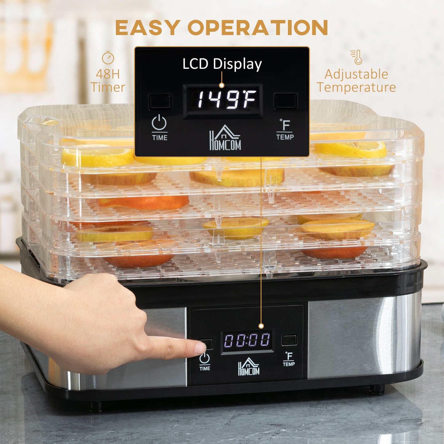 5 Tier Food Dehydrator, 245W Stainless-Steel Food-Dryer with Adjustable Temp, Timer, LCD Display, Drying Fruit, Meat, Veg, Jerky and Pet Treat, Silver