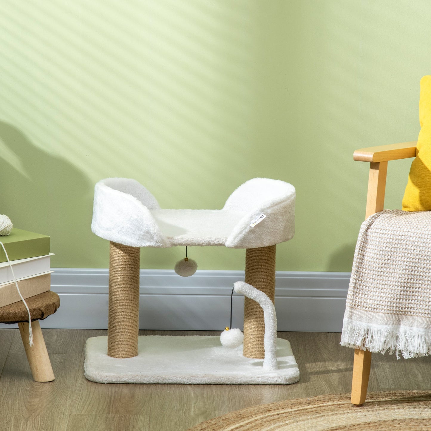 42cm Indoor Cat Tree, with Toy Balls, Jute Scratching Post - White