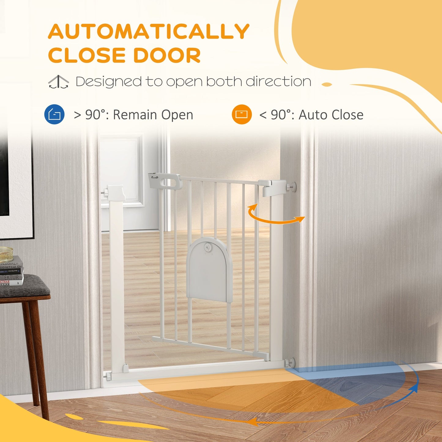 75-82cm Pet Safety Gate Pressure Fit Stair with Cat Flap Double Locking White