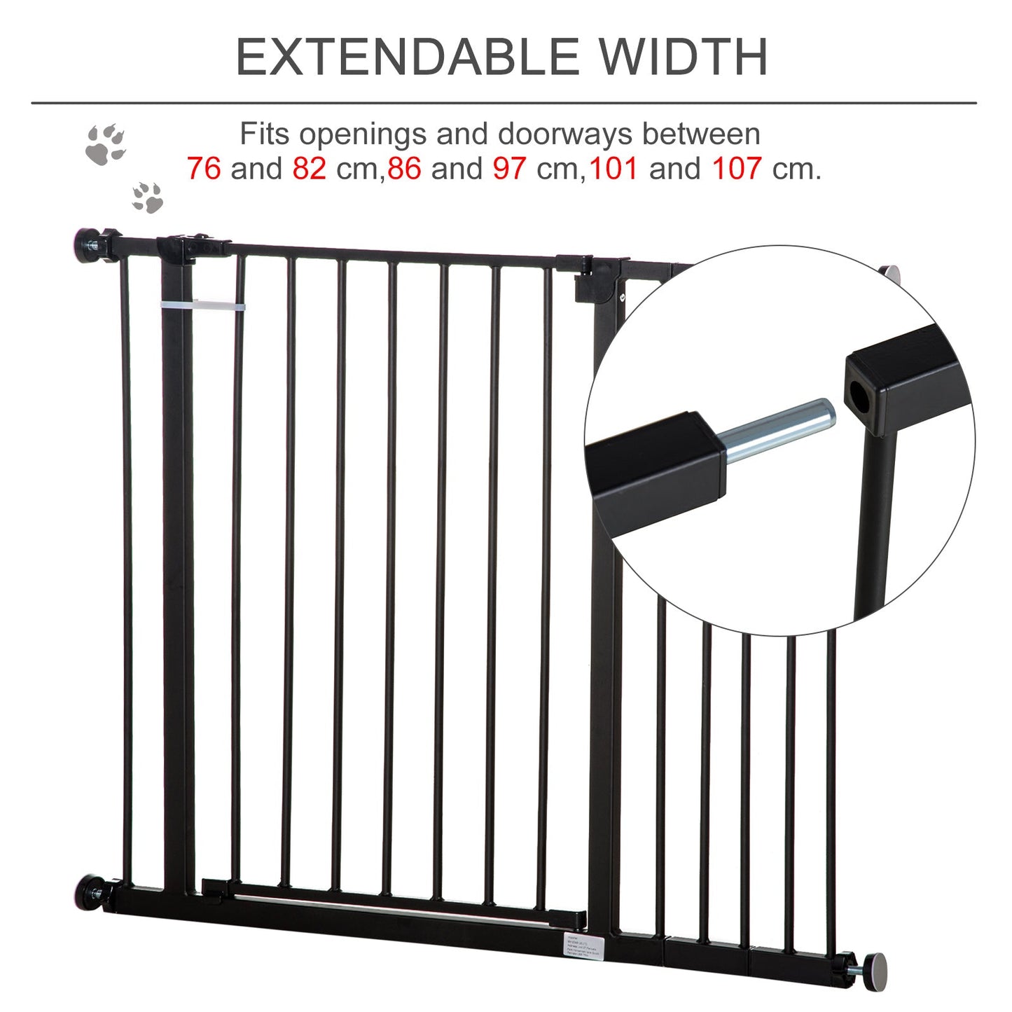 Dog Gate Pet Safety Gate Stair Barrier Auto Close Door Adjustable 76 - 107 cm, Black Wide