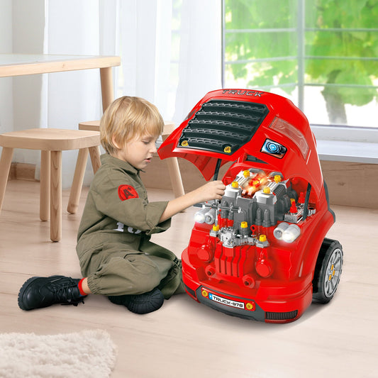 Kids Truck Engine Toy Set, Toddler Edu Car Service Station Playset, Workshop, W/RC Car key, Steering-wheel, Horn, Light, for 3-5 Years Old Red Set Key