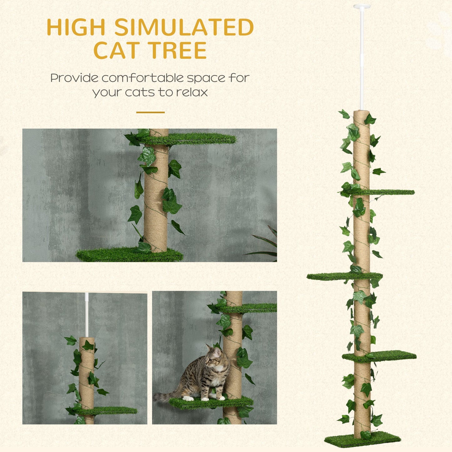 242cm Floor to Ceiling Cat Tree, Height Adjustable Kitten Tower with Anti-slip Kit, Green