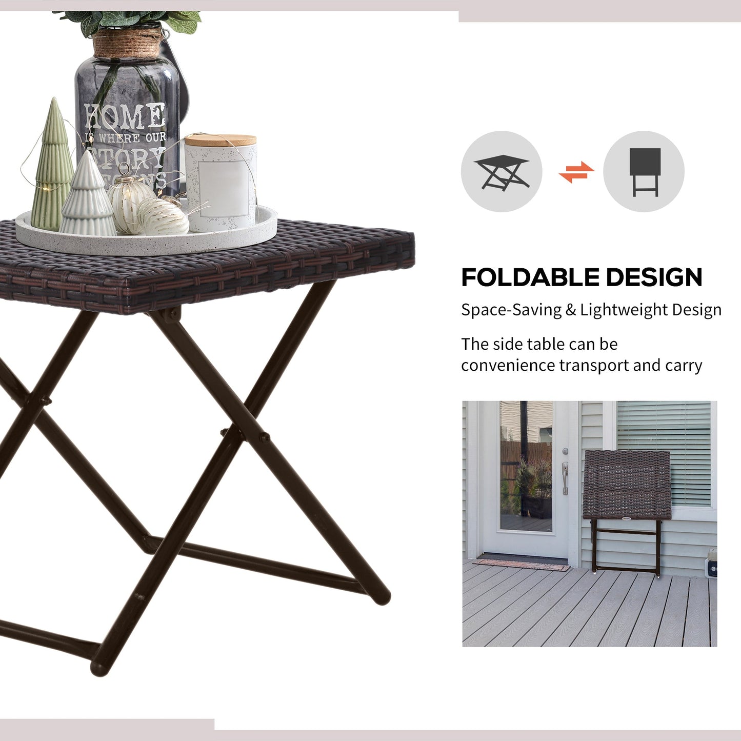 Folding Square Rattan Coffee Table, Steel Frame, 40Lx40Wx40H cm-Brown