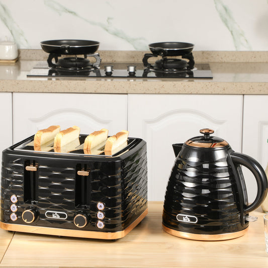 Kettle and Toaster Sets 1600W 1.7L Rapid Boil Kettle & 4 Slice Toaster W/7 Browning Controls, Defrost, Reheat and Crumb-Tray, Otter thermostat, Black