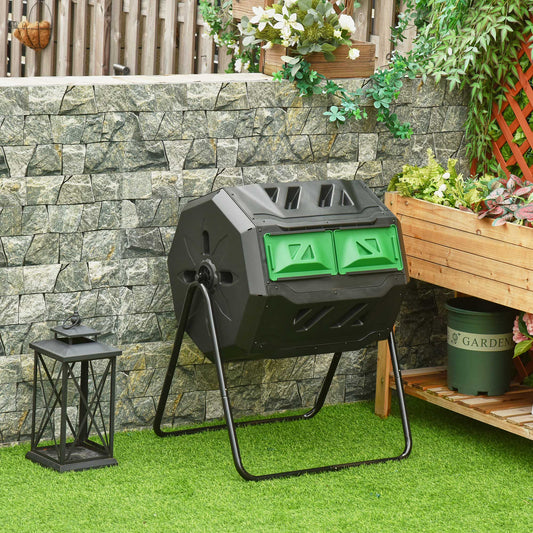 160L Tumbling Compost Bin Outdoor Dual Chamber 360Â° Rotating Composter, Garden Compost Bin w/ Sliding Doors & Solid Steel Frame, Black