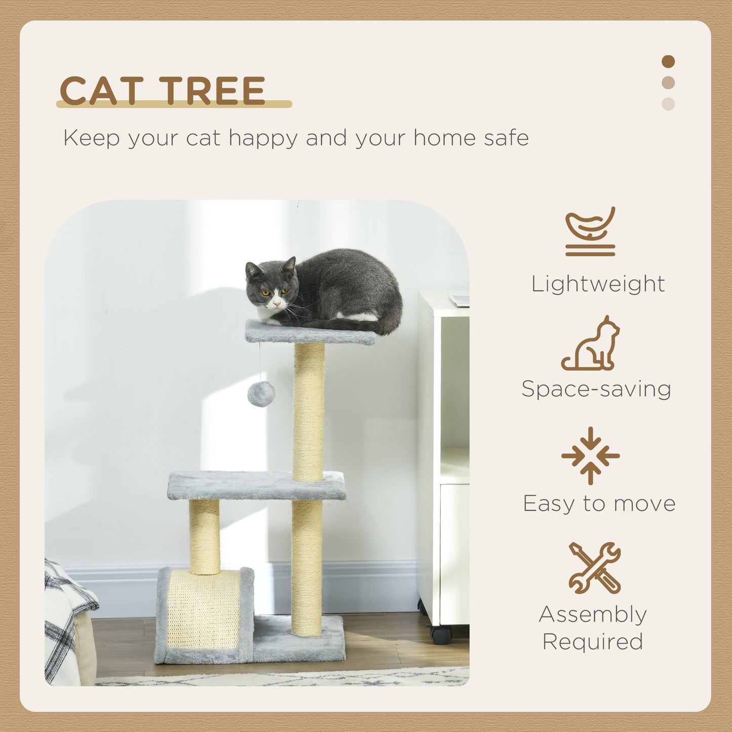 72cm Cat Tree with Scratching Post Pad for Indoor Cats Light Grey